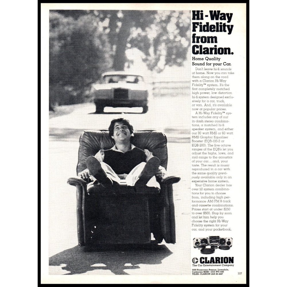 1977 Clarion Car Audio Stereo Vintage Print Ad Recliner Lounge Chair Wall Art